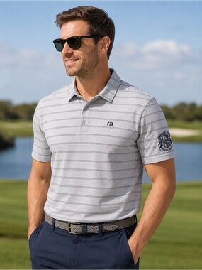 TravisMathew Gray Striped Golf Polo Shirt World Tour Golf Links Men’s Medium